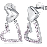 LOVANS Double Heart Dangle Stud Earrings, 925 Sterling Silver Earring for Women Ladies Mom Sensitive Ear, Dainty Sparkle Birthday Anniversary Mother's Day Jewelry Present
