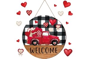 Burbell Valentine's Day Door Sign Red Truck Heart Welcome Sign Wooden Valentine's Day Decor White Black Buffalo Plaid Valentines Wall Decorations for Outdoor Front Door Home Anniversary Wedding Party