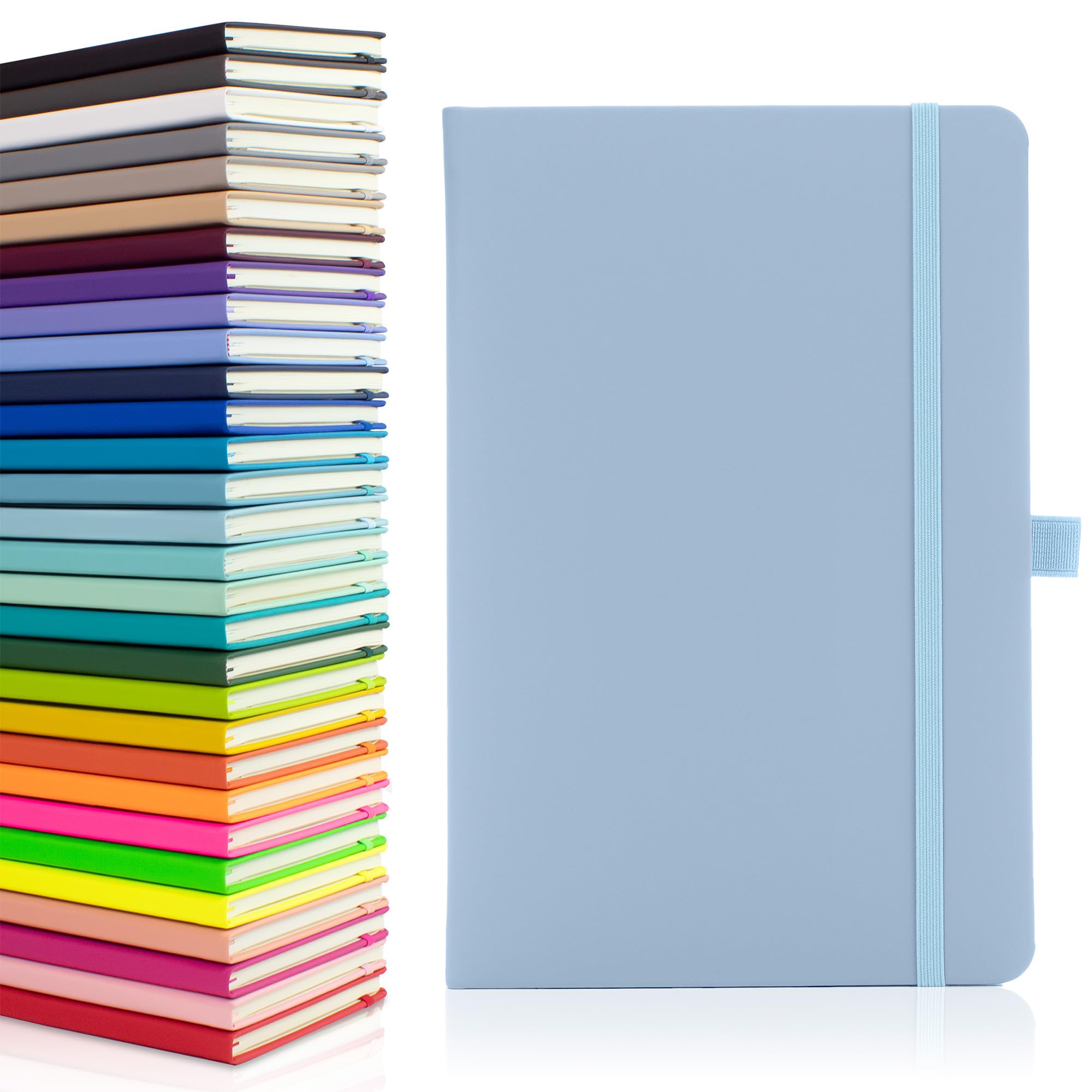 Notes London Eco A5 Notebook with Lined Pages, Pen Loop, Ribbon, Date Marks and Paper Pocket, Medium Hardback Journal, Note, sustainably sourced paper (Pastel Blue)
