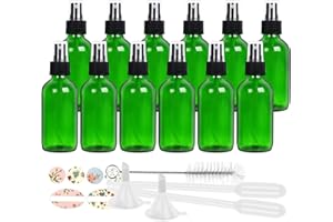 STARSIDE 12 Pack 120 ml 4oz Green Glass Spray Bottles with Fine Mist Sprayer & Dust Cap for Essential Oils, Perfumes,Cleaning Products.Included 1 Brush,2 Funnels,2 Droppers & 18 Labels.