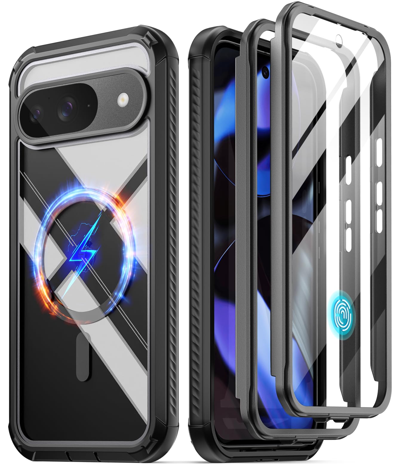 Poetic Guardian MagPro Case for Google Pixel 9/9 Pro 5G, [Compatible with MagSafe & Fingerprint ID], [2 Front Frame] Full-Body Shockproof Clear Cover with Built-in Screen Protector, Black/Clear