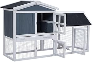OUTDOORVIBE 54in Wooden Rabbit Hutch, Outdoor Chicken Coop, Bunny Hutch Guinea Pig Pet House Bunny Cage with Side Runs, Weatherproof Roof, Open Courtyard, Removable Tray, Ramps for Small Animals