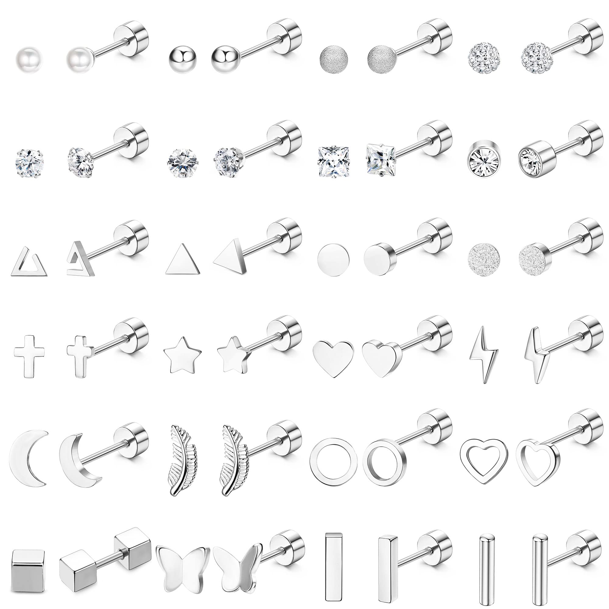JeweBella 24Pairs Small Stud Earrings Set for Women Surgical Steel Cartilage Helix Earrings Hypoallergenic Butterfly Pearl Cubic Zirconia Flat Back Earrings Set Piercing Stud Earrings for Women