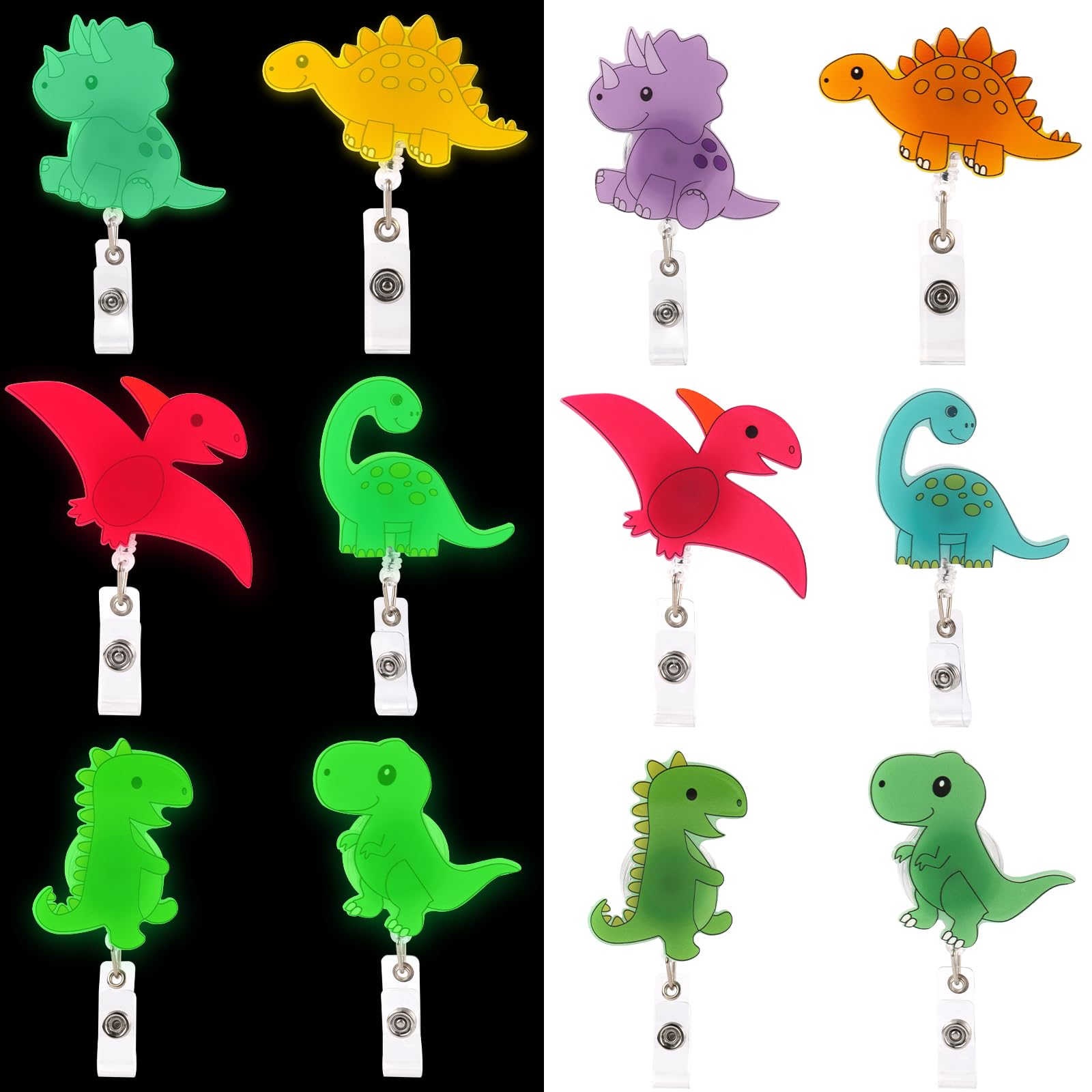 6pcs Luminous Dinosaur Badge Reels, Cute Animal Badge Reel Retractable Nurse ID Badge Holder Acrylic Peds Badge Reel for Doctors Nurses Medical Office Workers