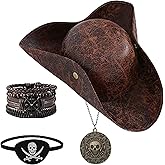 Distressed Pirate Hat Set with Eye Patch,Pendant Necklace & 4 Bracelets for Adults,Faux Leather Brown Tricorn Hat Vintage Renaissance Halloween Costume Accessories for Men Women,Cosplay Party Dress Up