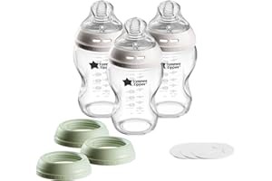 Tommee Tippee Natural Start 9 oz Glass Baby Bottles, Self Sterilizing, BPA & Phthalates Free, 0+ Months, Slow Flow Breast-Like Nipple for a Natural Latch, Travel Jar Lids, Cup Rings, Pack of 3