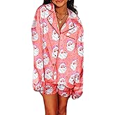UAURORAO Women Christmas Cartoon Satin Shorts Set Long Sleeve Cute Print Button Down Shirts Colorful Pj Set Sleepwear