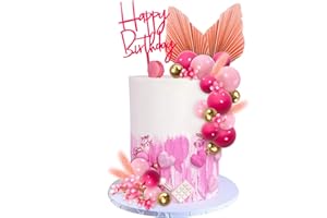 MEMOVAN 29pcs Flower Boho Cake Topper Ball Cake Decorations Hot Pink Gold Balls Palm Leaves Artificial Plants Cake Decor for Girl Bohemian Hot Pink Princess Theme Wedding Baby Shower Birthday Party