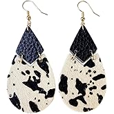 Vintage Faux Leather Star Bull Head Round Shape Earrings Handmade Lightweight Floral Cow Print Teardrop Dangle Earrings for Women Gifts Dainty Jewelry