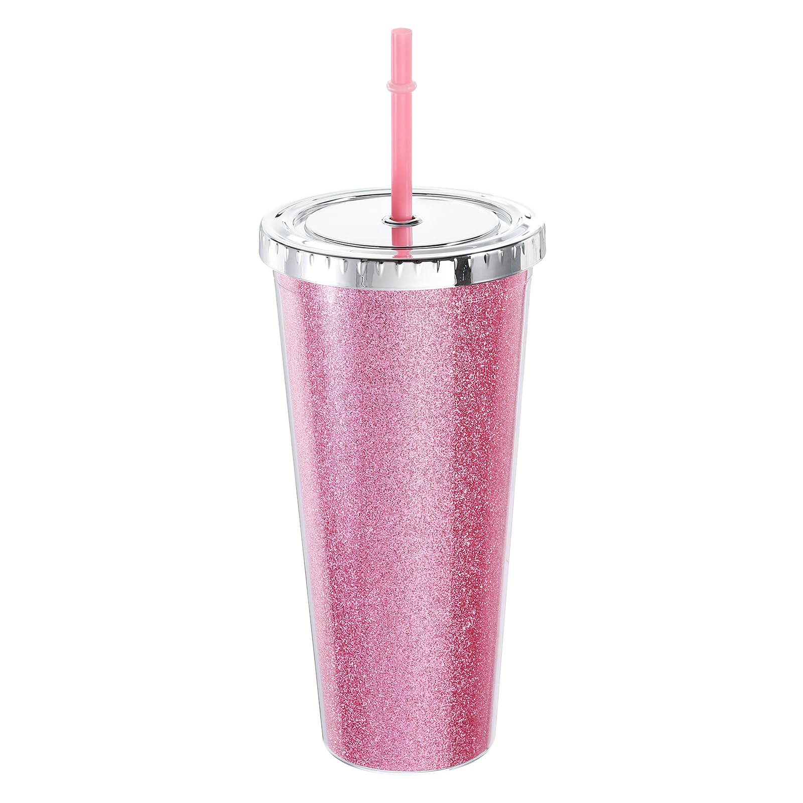Uxcell Acrylic Tumbler with Lid and Straw, 24 Oz Reusable Double Wall Cups for Ice Coffee, Added Bling Travel Tumblers for Birthdays Gifts (Pink)