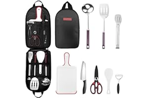 Odoland 8pcs Camping Kitchen Utensil Set, Cooking Utensil Organizer with Water Resistant Case for BBQ, Travel,Camping, Hiking