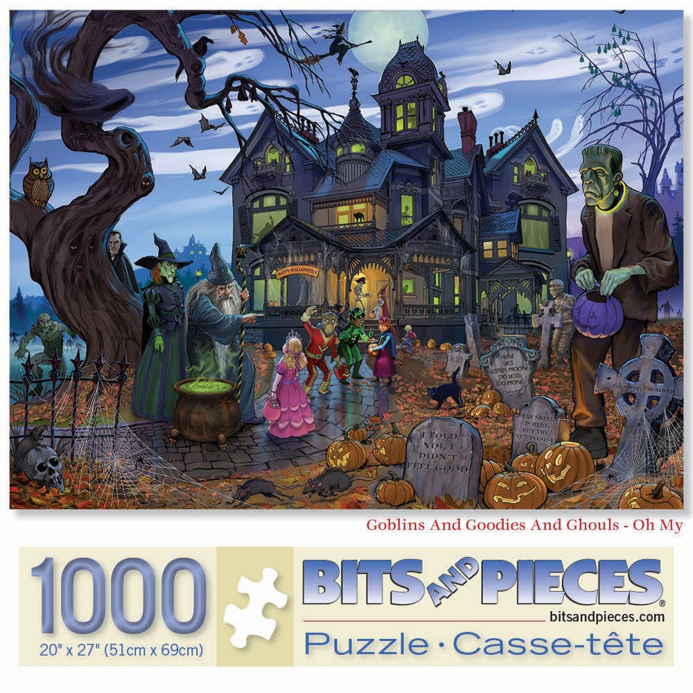 Bits and Pieces - 1000 Piece Jigsaw Puzzle for Adults 51cm x 69cm - Goblins and Goodies and Ghouls - Oh My - 1000 pc Haunted House Halloween Trick or Treat Jigsaw by Artist K. Sean Sulivan