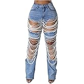 Lucuna Women's Rhinestone Ripped Jeans High Waist Boyfriend Cutout Straight Leg Pearl Distressed Denim Pants