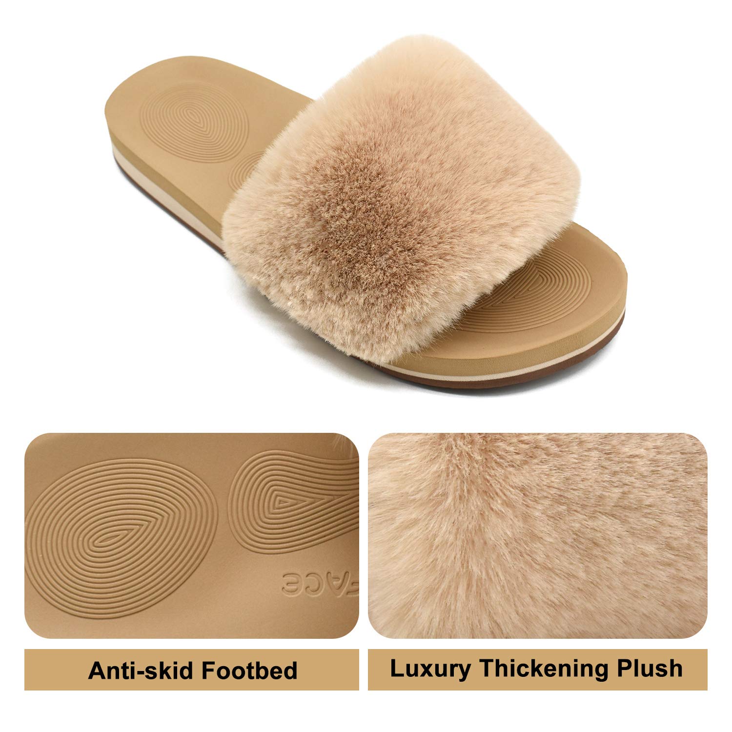 COFACE Womens Slides Fuzzy Slippers Open Toe Fluff Slippers With Arch Support Plantar Fasciitis Orthotic Slippers Women House Shoes