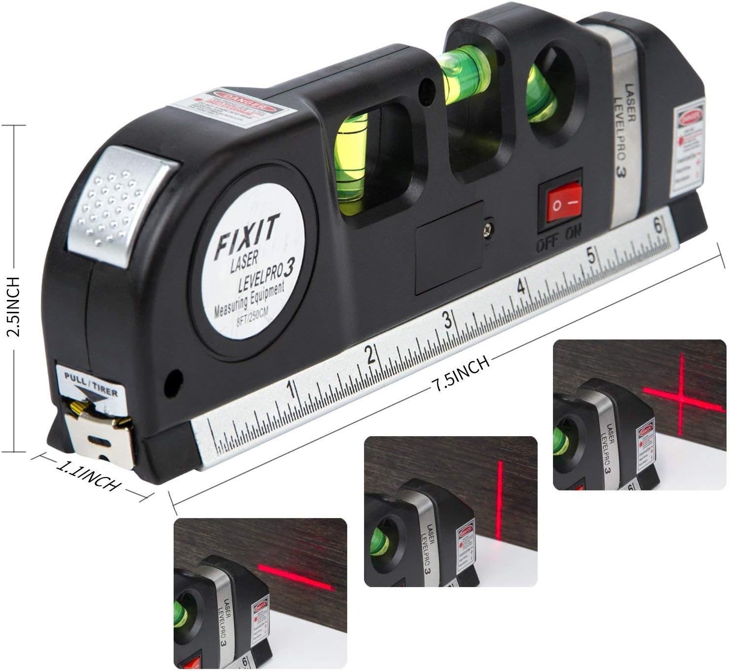 Laser Levels,DAMPOT Multipurpose Measuring Tool, Spirit Level, Laser Level, Tape Measure, Self Leveling Retractable Horizon Vertical Standard and Metric Ruler (8ft/2.5M),Battery Included
