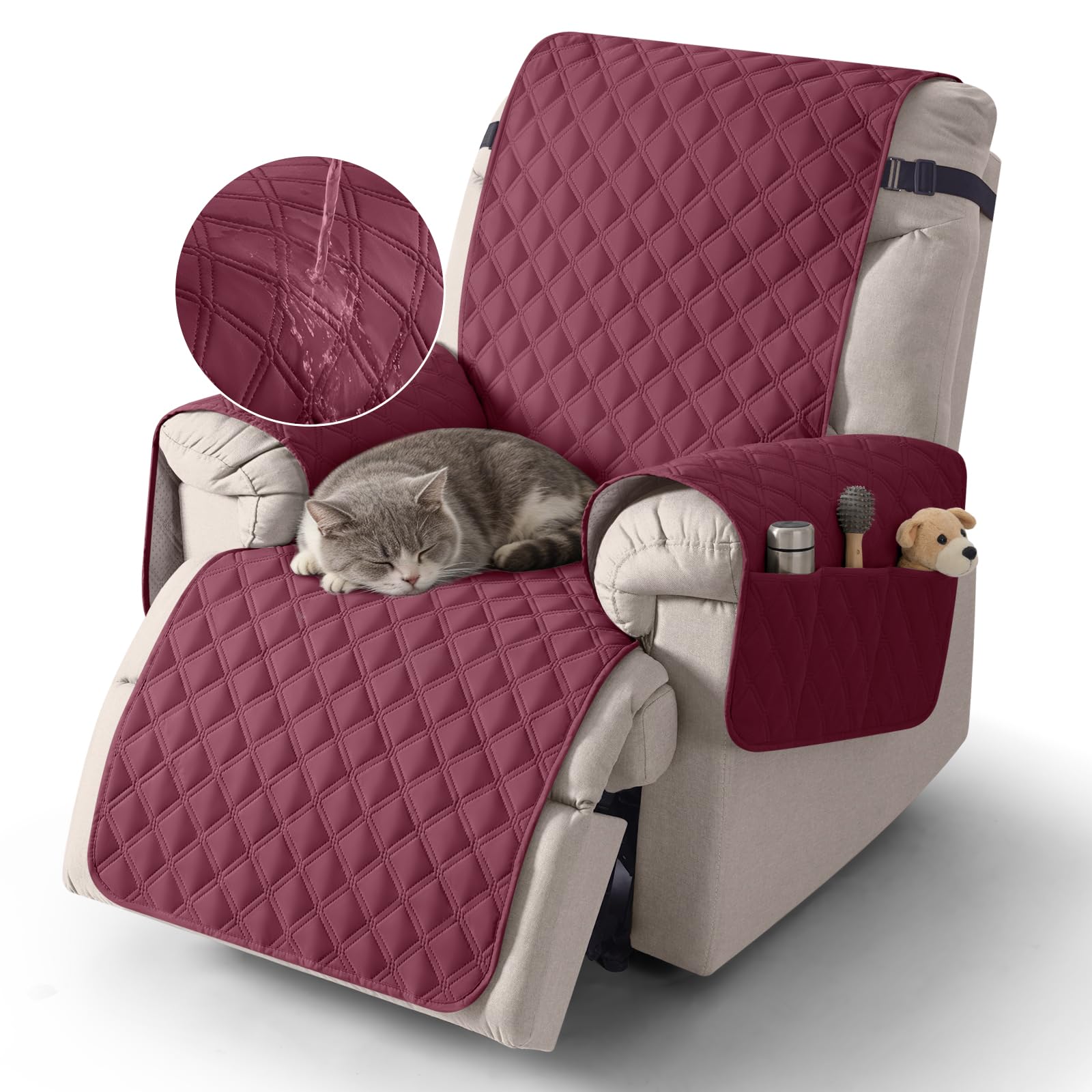 TAOCOCO 1 Seater Recliner Covers,Waterproof Recliner Protector,Armchair Covers with Pockets,Recliner Chair Slipcovers,Anti Slip Reclining Sofa Covers,Arm Chair Covers for Pets/Dogs/Kids(Wine Red)