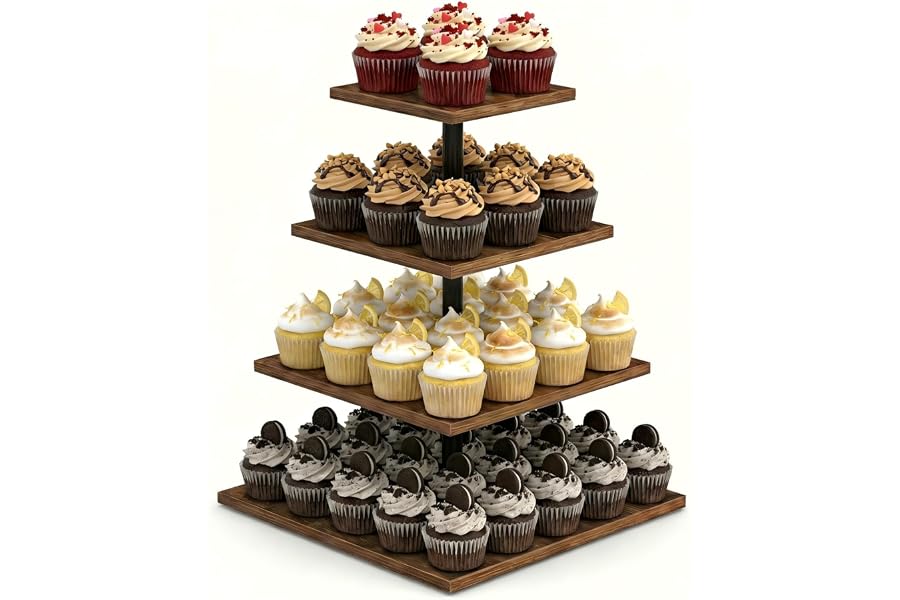 Wooden 4 Tier Cupcake Stand for 50 Cupcakes,Cupcake Holder,Cupcake Tower,Tiered Tray Stand for Birthday Bar Décor Weddings,Parties Events, Dark Brown