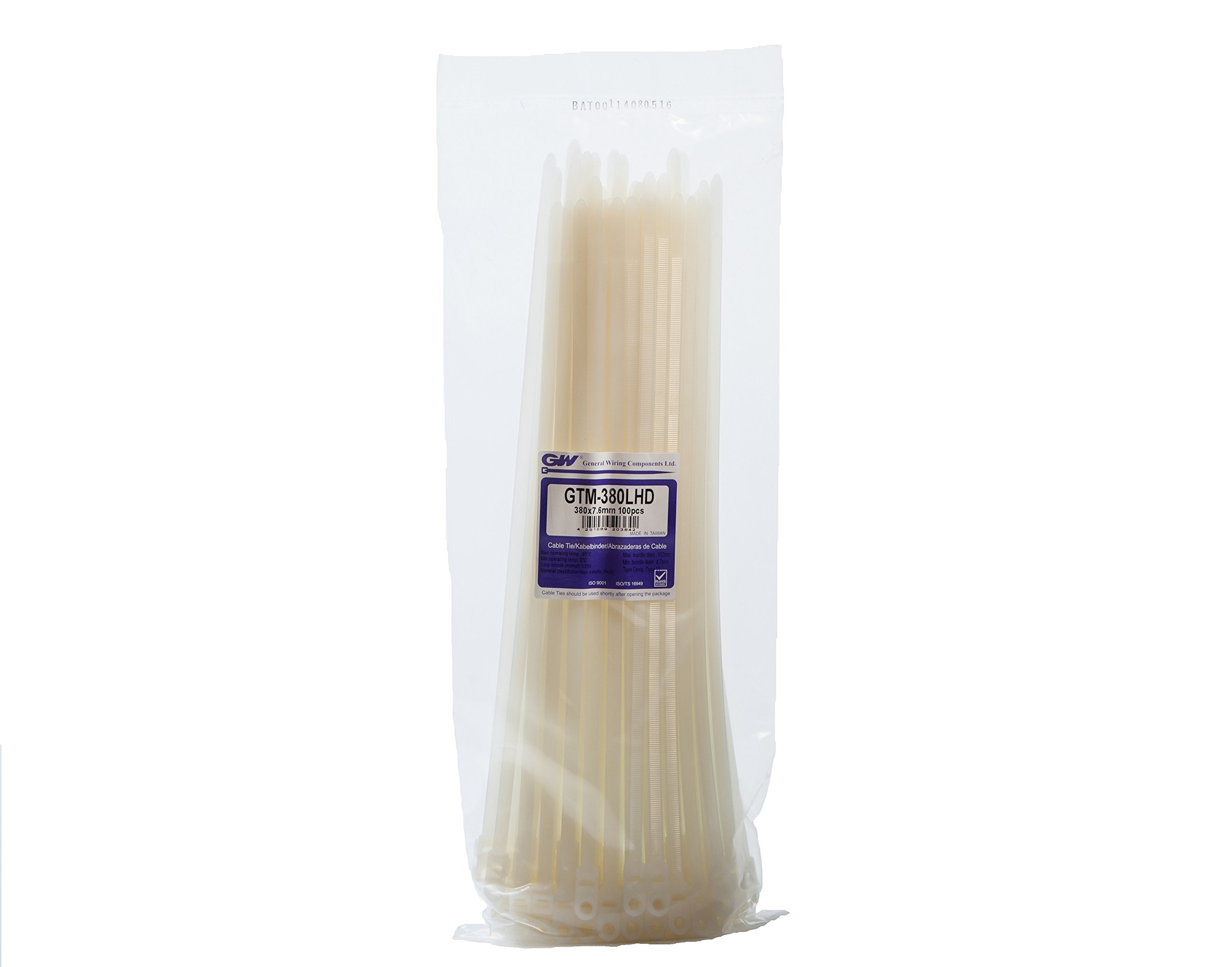 GW Wiring Products, Mountable Head Tie 380 x 7,6mm, Natural, 100 pcs, GTM-380LHDC, Set of 100 Pieces