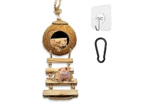 Favozio Leopard & Crested Gecko Coconut Cave Reptile Hide with Ladder, Snake Natural Coco Shell Hut Hideout, Terrarium Tank Decor Accessories, Hamster Climbing Toy, with Sticky Wall & Carabiner Hook