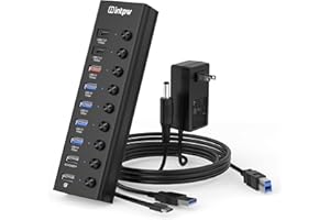 Powered USB Hub, intpw 9-Port USB 3.2/USB C Hub with 10Gbps USB-A 3.2,2 USB-C 3.2,4 USB 3.0 Ports,2 Fast Charging Port, Individual Switches, 48W Power Adapter, Aluminum USB Hub Powered for Laptop/PC