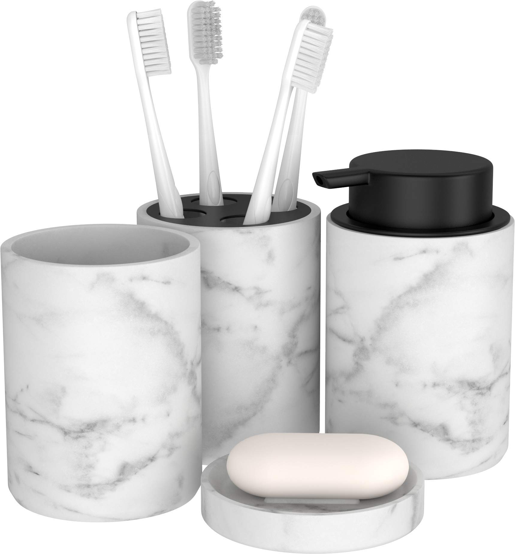 bonVIVO Bathroom Accessories Set – 4-Piece Marble Look Bathroom Set with Soap Dish, Dispenser Pump, Toothbrush Holder & Tumbler – Luxury Bathroom Accessory Set Black/Marble Finish
