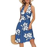 HUHOT Women's Summer Sundress Sleeveless Halter Neck Spring 2025 Floral with Pocket Elastic Waist Ruffle Mini Dresses
