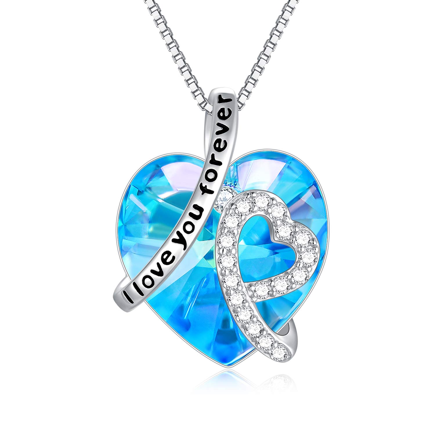 Sterling Silver I Love You Forever Heart Pendant Necklace with Birthstone Crystals, Birthday Wedding Anniversary Jewellery Gifts for Her Women Wife Mum Girlfriend (Simulated Aquamarine)
