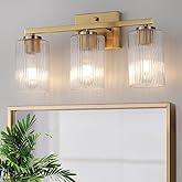 huong son 3 Light Brushed Gold Bathroom Vanity Light Over Mirror, Modern Vanity Lighting with Texture Glass Shade, Wall Mount
