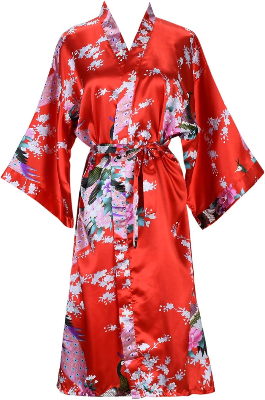 ELLENWELL Women Kimono Robe Silk Pajamas Loungewear Peacock Satin Nightwear