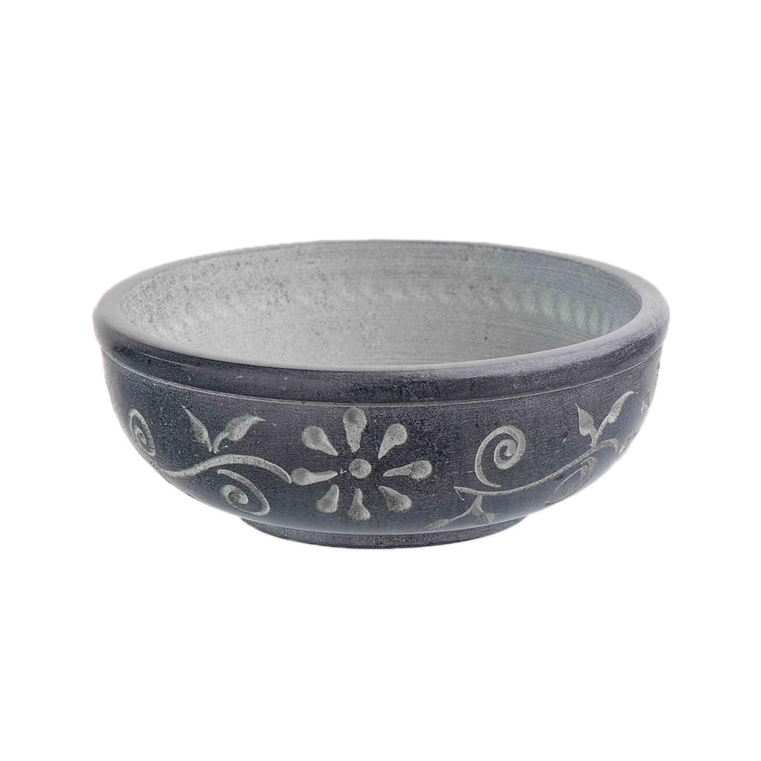 NKlaus Incense Bowl Diameter 10 cm Made of Black Soapstone - with Floral Engraving, Ideal for Resins, Frankincense, Rituals & Incense 16711