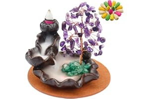 DREAMGIRNH Ceramic Waterfall Incense Burner, Money Tree Backflow Holder Healing Crystal Stone, with 30 Cones + Stick for Yoga Meditation Home Zen Decoration(Amethyst)