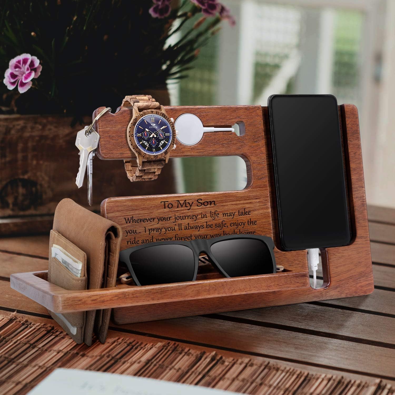 Kenon Custom Engraved Wooden Walnut Phone Holder for Son From Mom Personalized Natural Walnut Wood Phone Docking Station Key Holder Wallet Stand Watch Organizer Anniversary Birthday Gifts - Image 5