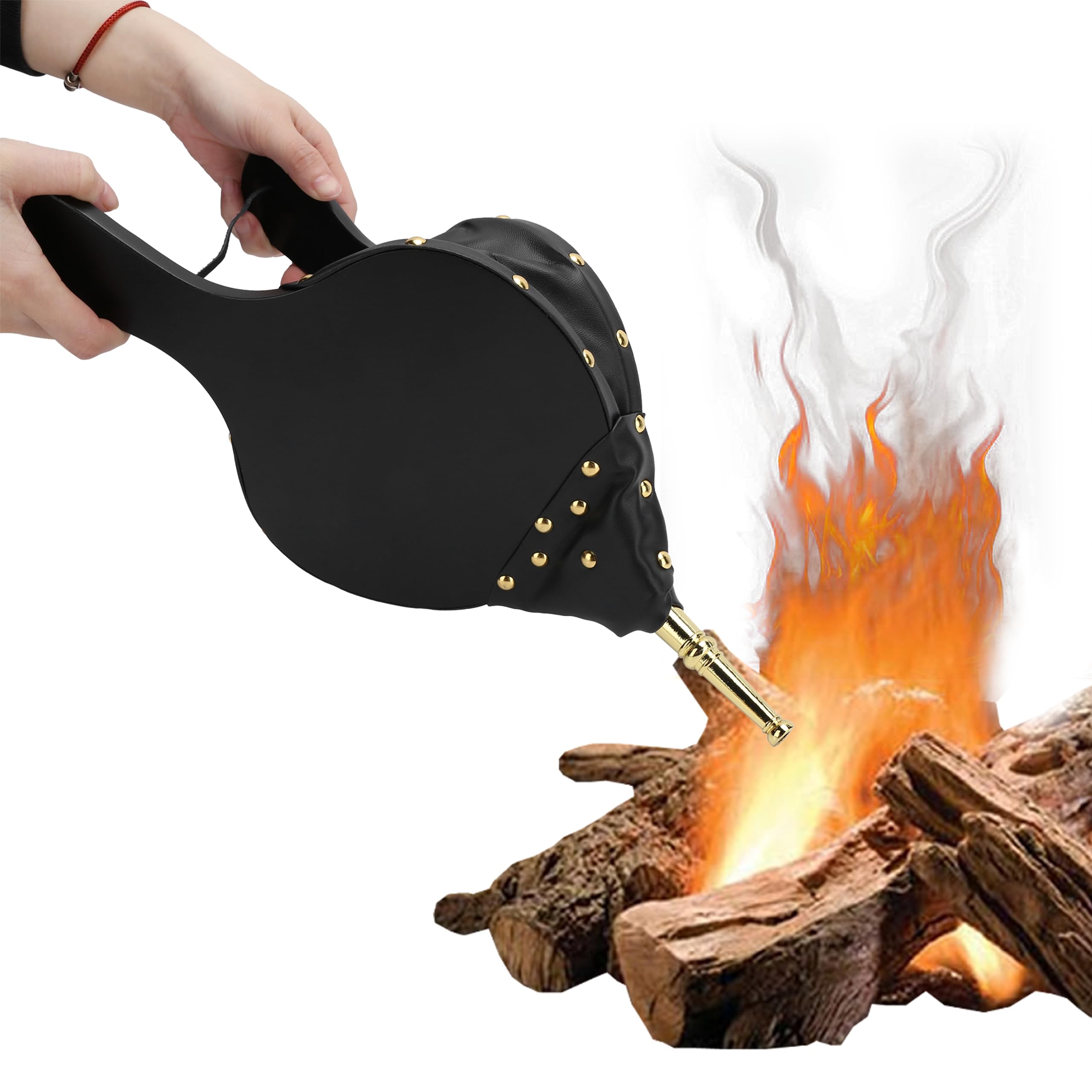 Alvinlite 15.6" x 7.1" Large Fireplace Bellows, Fireside Blower Lighter, Hand BBQ Blower Wood Air Bellows Fire Bellow, Premium Bellows for Barbecue and Fireplace, Fast Fire Starter, (Gold Nozzle)