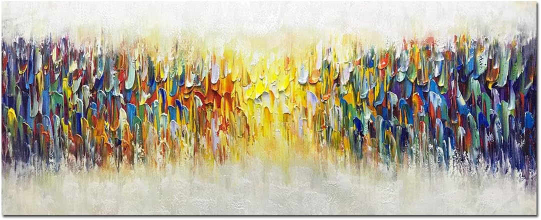 Paintings - AMEI Art Paintings,24x60Inch 100% Hand Painted Texture Palette Knife Paintings Yellow White Abstract Canvas Wall Art Colorful Modern Oil Paintings Stretched and Framed Ready to Hang for Dining Room Office