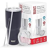 BUILT Double Walled Stainless Steel Tumbler Set with Replacement Lid, 2 Reusable Tritan Wire Straw Cleaning Brush in Gift Box, 30 Ounce, Inkwell