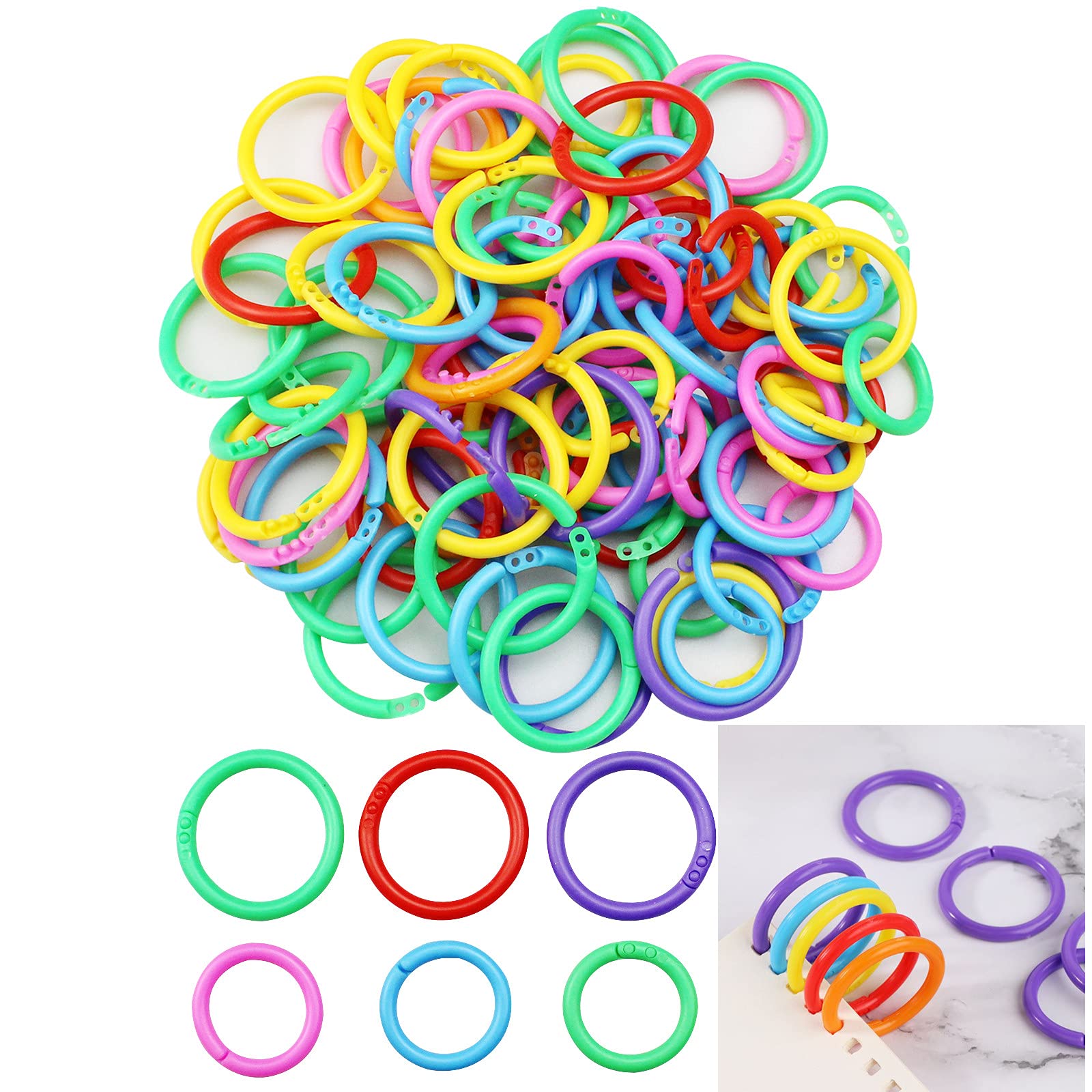 hocadon 100 Pcs Plastic Loose Leaf Binder Rings, Flexible Plastic Book Rings, Book Rings Multicolour for Card, Notebook Photo Album Loose Leaf Booklet, Loose Leaf Hoop Ring Clips for 2 Size