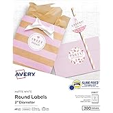 Avery Printable Round Labels with Sure Feed Technology, 2" Diameter, Matte White, Laser & Inkjet Compatible, 300 Blank Labels Total, Great for Branding, Packaging, Events, and More (22877)