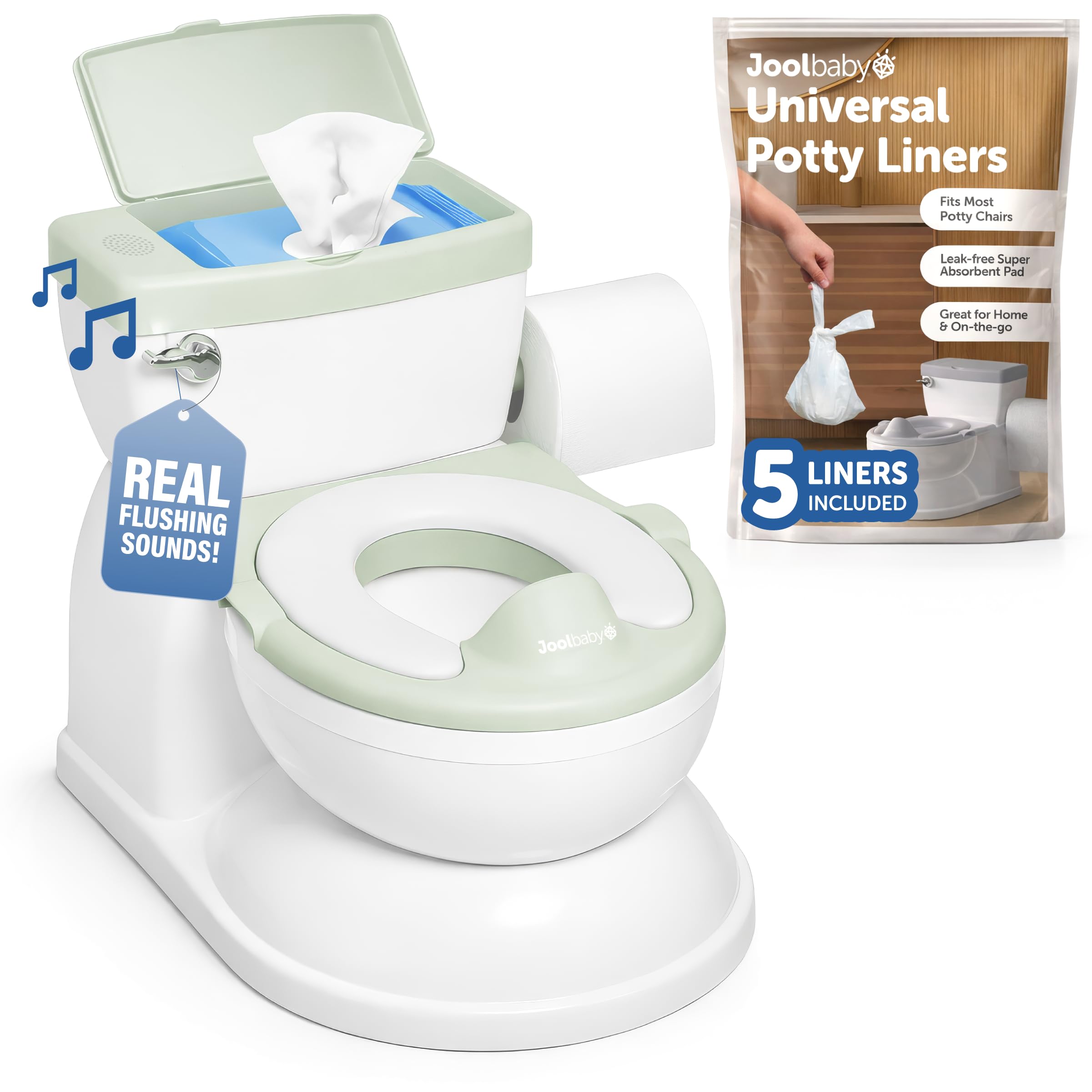 Jool Baby Real Feel 2-in-1 Potty with Wipes Storage, Flushing Sounds & Disposable Liners - Realistic Toilet - Easy to Clean & Assemble (Sage)