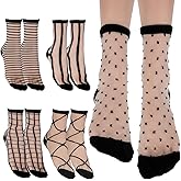 Lusofie 5Pairs Sheer Ankle Socks Black See Through Socks Striped Plaid Dot Cute Transparent Socks for Women Girls