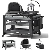 Pamo Babe Pack and Play with Bassinet - 7 in 1 One-Step Setup Bedside Crib, Portable Playpen, Travel Crib, Baby Playard with Diaper Changing Station, Toy Bar &amp; Large Storage Bag