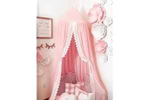 OLDPAPA Princess Bed Canopy Mosquito Net for Kids Baby Crib, Round Dome Kids Indoor Outdoor Castle Play Tent Hanging House Decoration Reading Nook Cotton Canvas,Pink