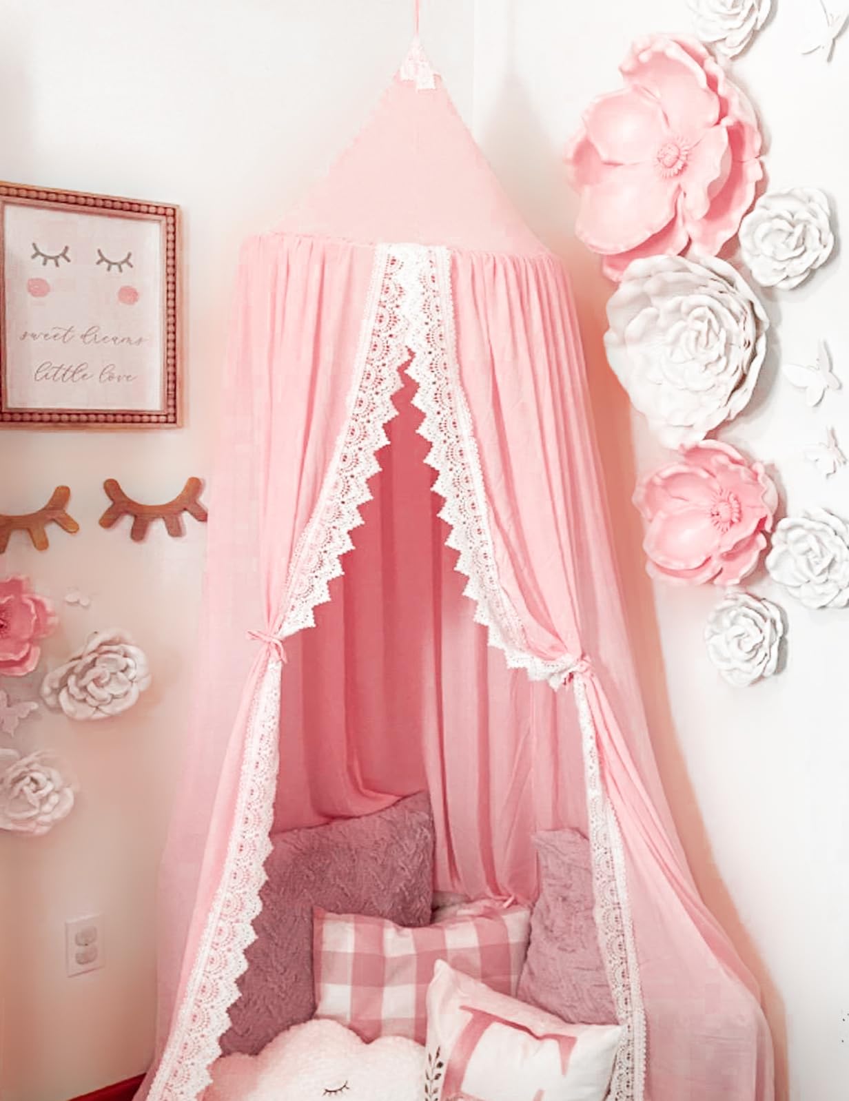 Photo 1 of Princess Bed Canopy Mosquito Net for Kids Baby Crib, Round Dome Kids Indoor Outdoor Castle Play Tent Hanging House Decoration Reading Nook Cotton Canvas,Pink