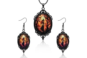Horolam Mystic Witch Gothic Bat Glass Pendant Necklace, Vintage Mystery Witch Jewelry Choker Cameo Earrings for Women for Hal