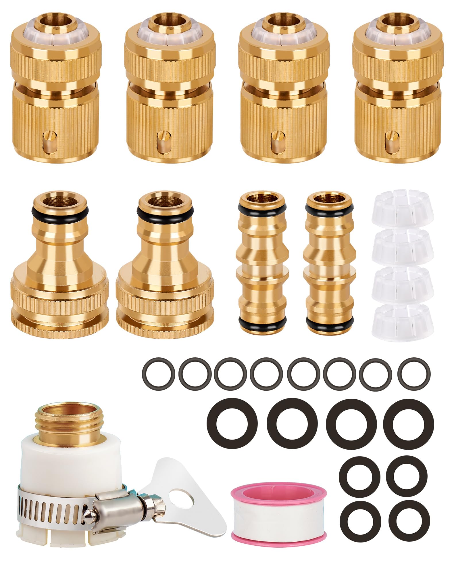 9-Pack Brass Garden Hose Quick Connect Fitting Kit - Tap Connectors 1/2" and 3/4", Double Male Snap End Connectors, Universal Outdoor Use