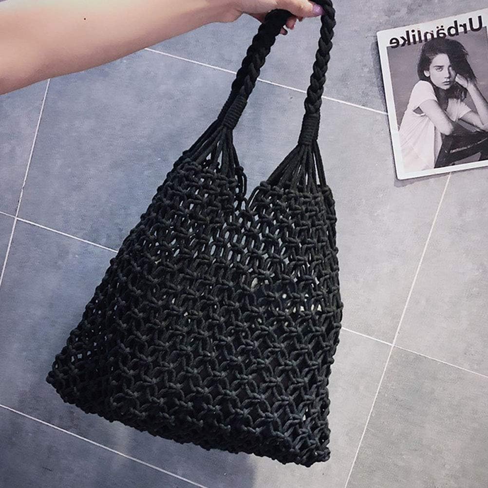 TENDYCOCO Shoulder Bag Mesh Beach Bag Woven Cotton Hollow for Women (Black), Approx. 48 x 35 x 2cm - Image 5