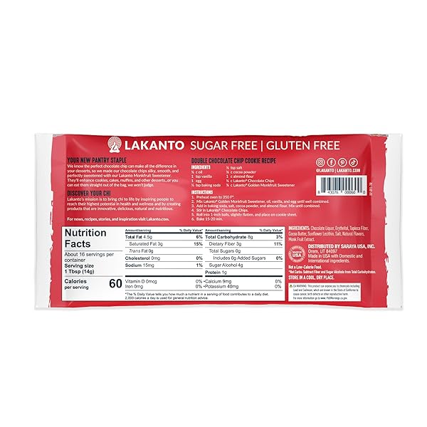 LAKANTO SUGAR FREE CHOCOLATE CHIPS – MONK FRUIT SWEETENER AND ERYTHRITOL, PERFECT FOR BAKING, PANCAKES, MUFFINS, PROTEIN BITES, MELTING, MIXING, SNACKING, GLUTEN FREE, VEGAN (8 OZ – PACK OF 1)