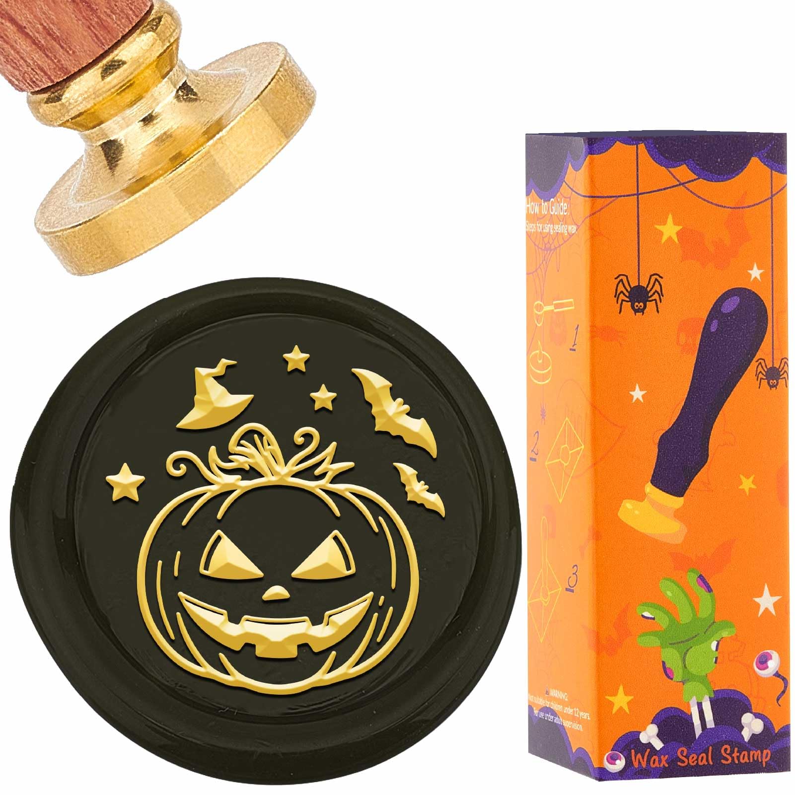 CRASPIRE Halloween Pumpkin Wax Seal Stamp Witch Hat Bat Sealing Stamps 25mm Brass Head Removable Vintage Retro with Wooden Handle for Autumn DIY Envelopes Invitation Greeting Cards Wine Packages
