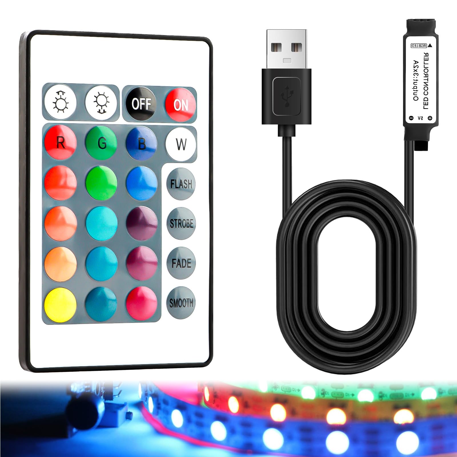 Wireless USB IR RGB LED Strips Controller, 24-Key, 16 Colors, 5 Patterns, Adjustable Brightness Remote for 5050/3528 RGB LED Light Strip, 10m Range