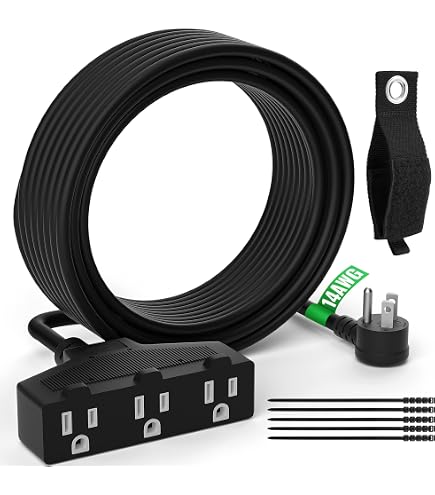 8 Ft Black Extension Cord – 16/3, 3 Prong Grounded Plug, Indoor/Outdoor Use