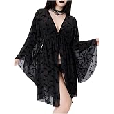 WDIRARA Women's Goth Sheer Kimono Lightweight Cardigan Cover Up | Mesh V Neck Long Sleeve, Vacation Beachwear, Spring Summer Fall